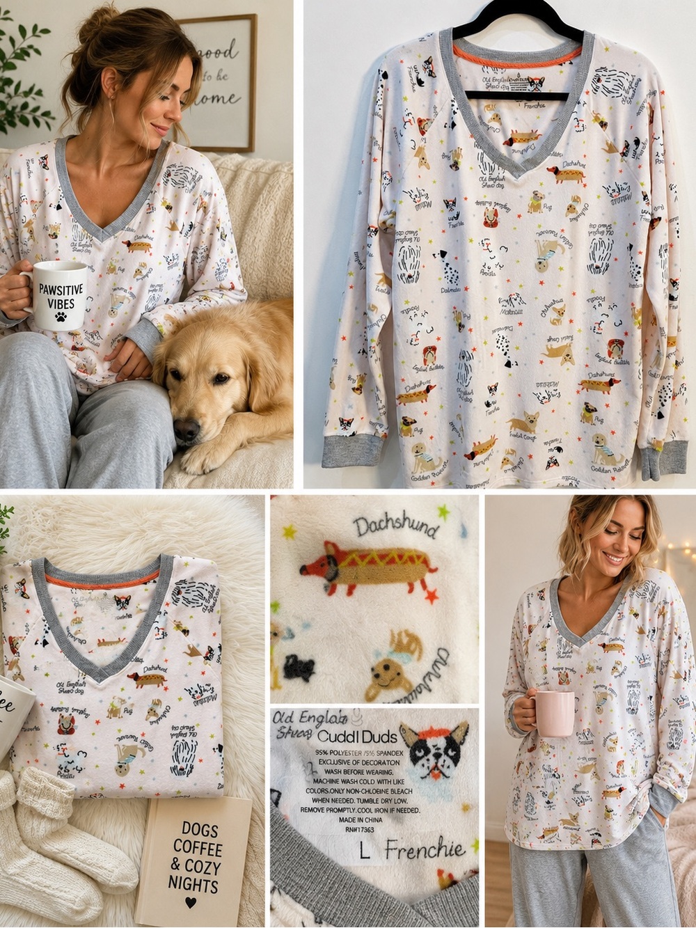 Cuddl Duds Pajama Lounge Sleep Shirt Women’s Large Pink Dog Breed Soft Fleece